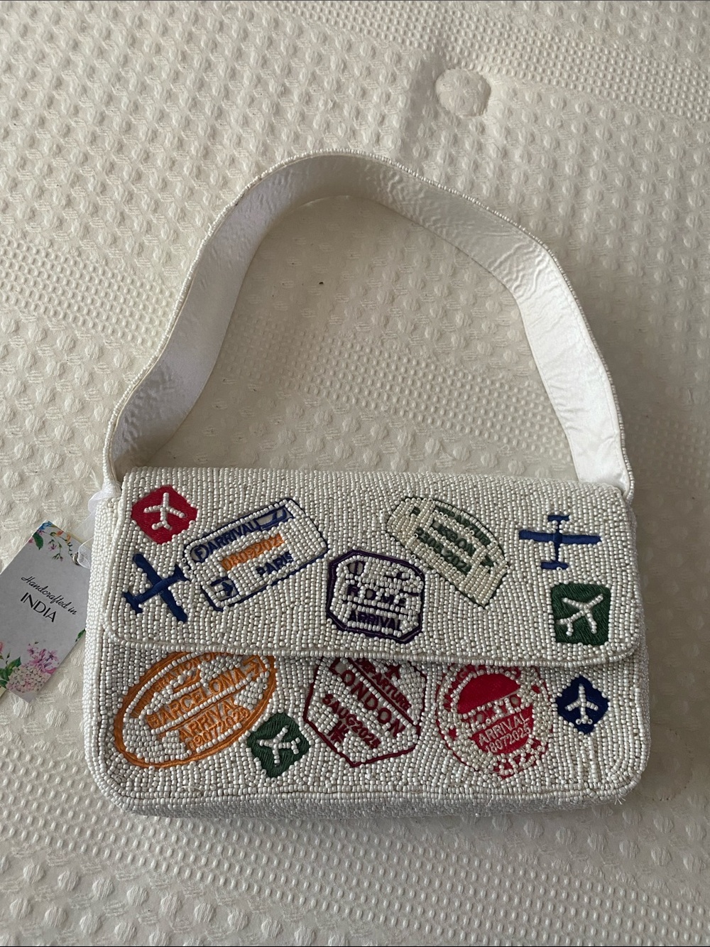 White Beaded Shoulder Bag with Travel Patch Embroidery